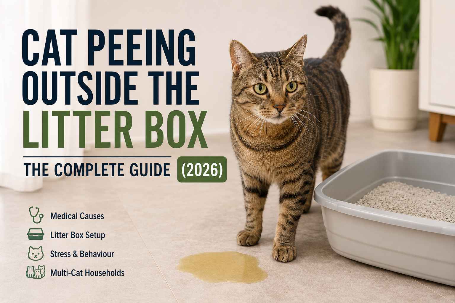 Cat Peeing Outside Litter Box: Complete Guide (2026) 1 A tabby cat standing beside an open, clean litter box on a light-tiled floor, looking alert. Cat Peeing Outside Litter Box.