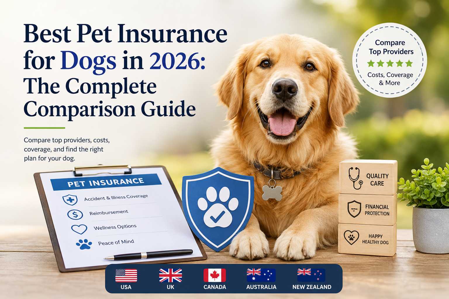 Best Pet Insurance for Dogs in 2026: Complete Guide 2 Bar chart comparing average monthly pet insurance costs for dogs in the USA, UK, Canada, Australia, and New Zealand. Best Pet Insurance for Dogs