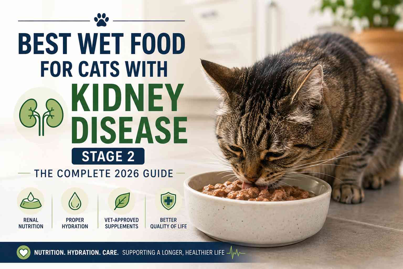senior tabby cat eating wet food from a wide ceramic bowl on a kitchen floor. Best Wet Food for Cats with Kidney Disease Stage.