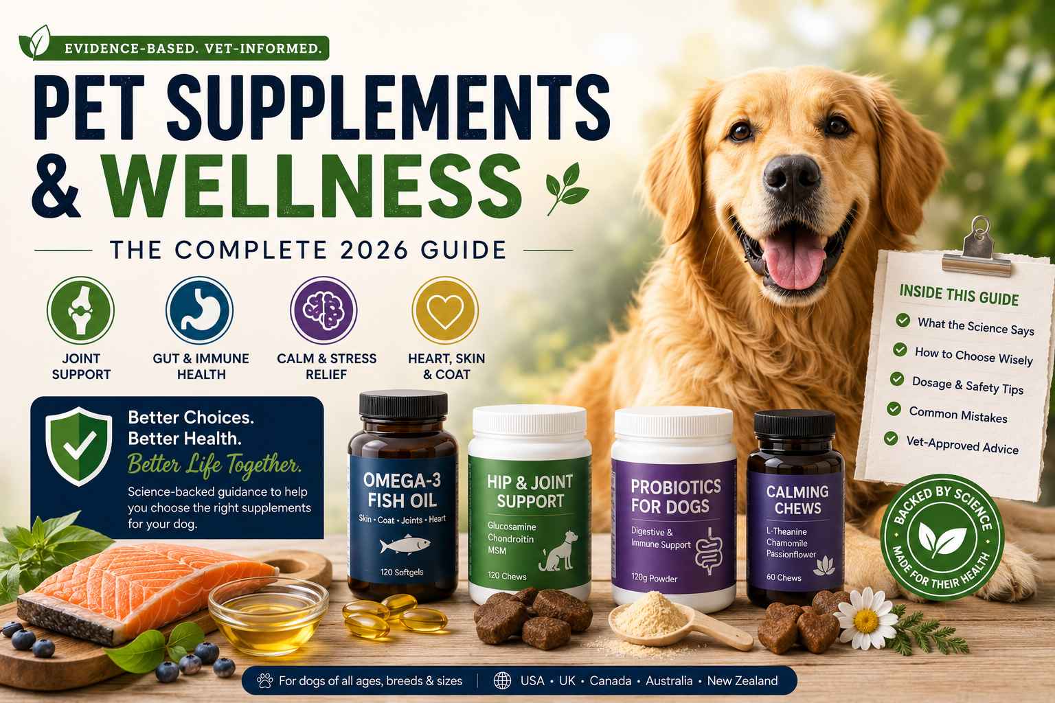 Pet owner reading the label on a dog supplement bottle in a pet store aisle