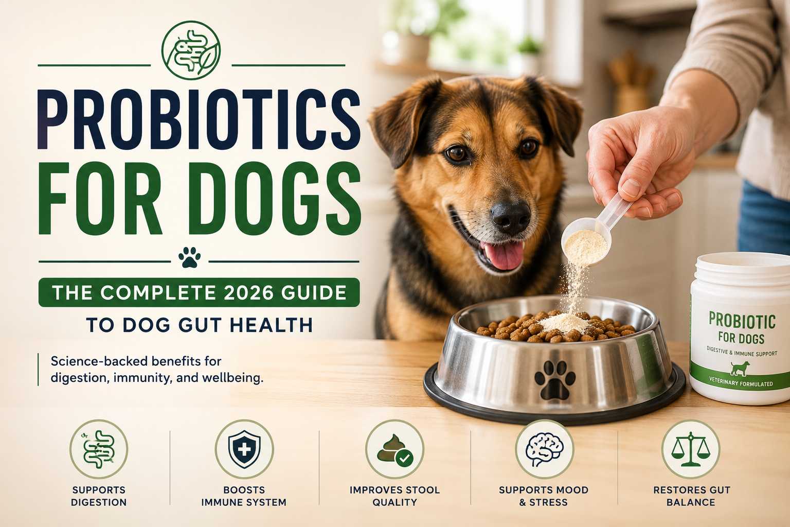 A range of dog probiotic supplement formats including powder, chews, and capsules displayed on a natural wooden surface.