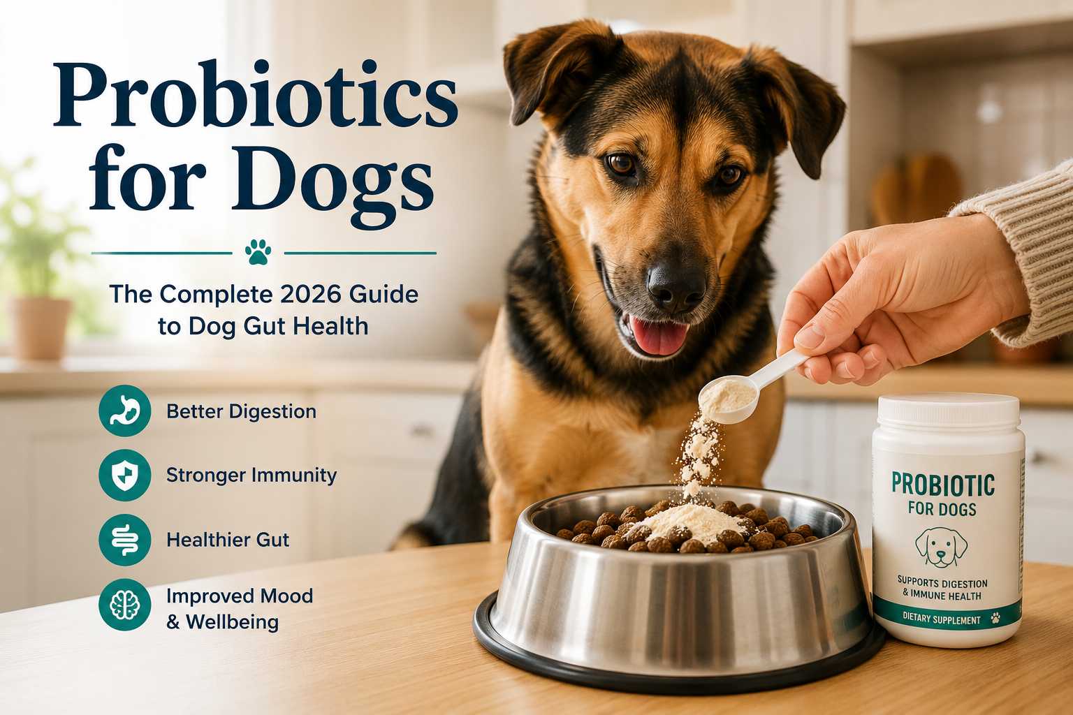 Person adding probiotic supplement powder to a dog's food bowl, dog looking on eagerly.