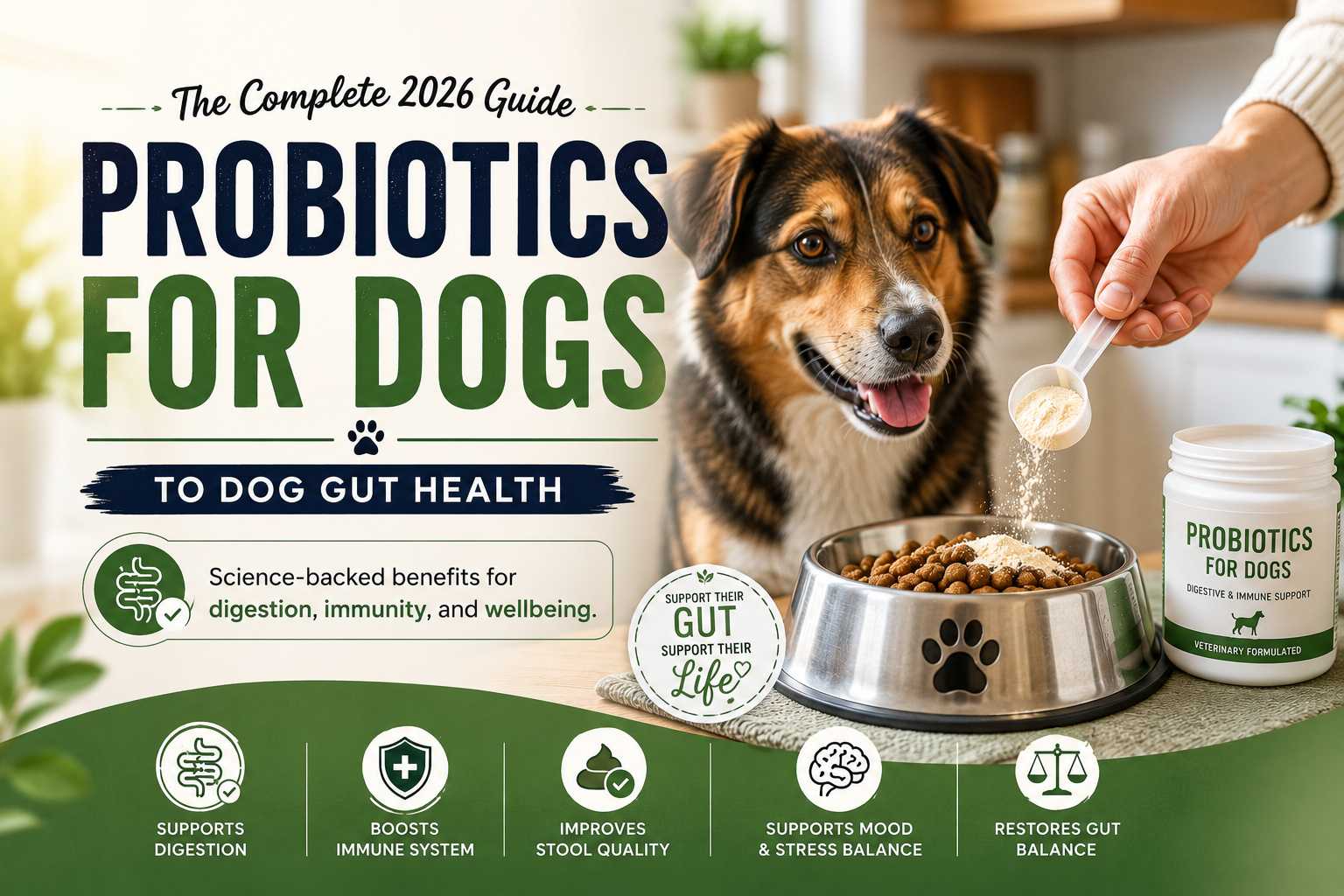 Dog owner sitting with their dog and a bottle of probiotic supplement, representing a calm and considered approach to canine gut health support.