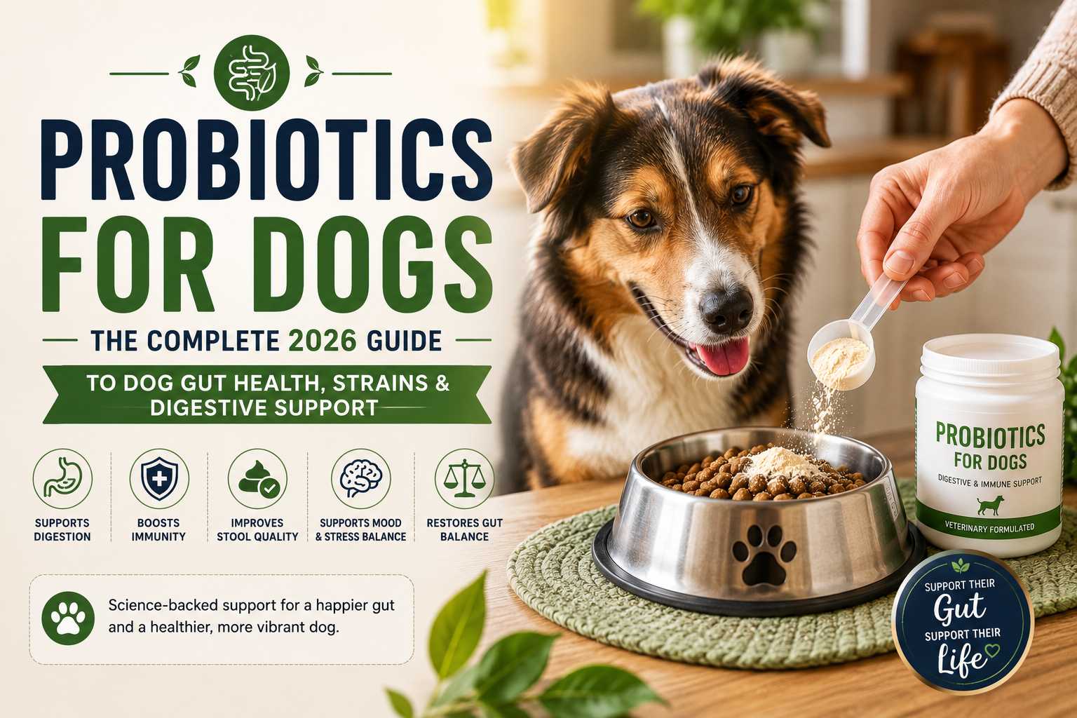 Diagram illustrating the balance between beneficial and harmful gut bacteria, with probiotics supporting the beneficial side.