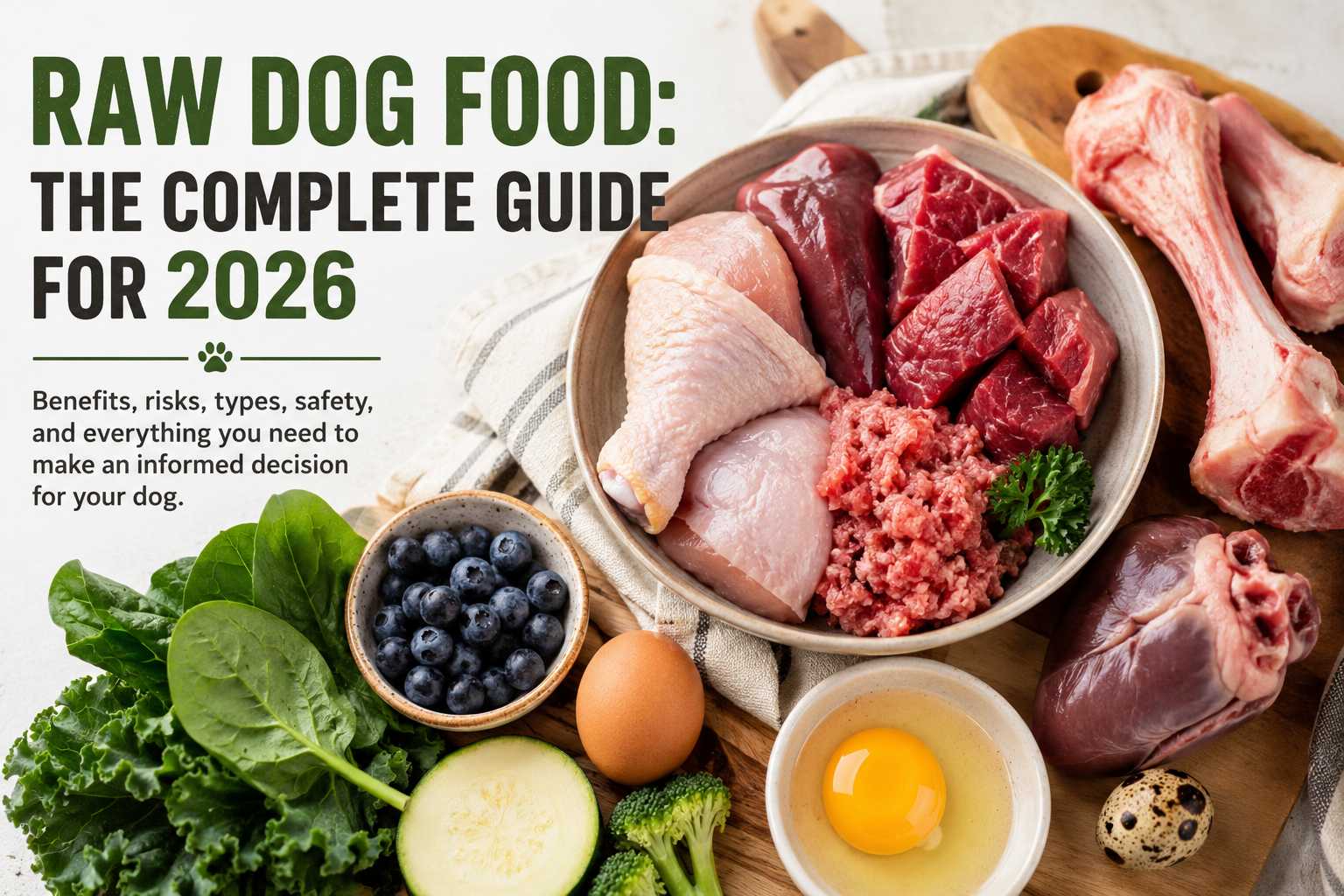 Raw Dog Food: The Complete Guide for 2026 | LifeWellGuide 1 Golden retriever sniffing a bowl of fresh raw meat and vegetables on a kitchen countertop