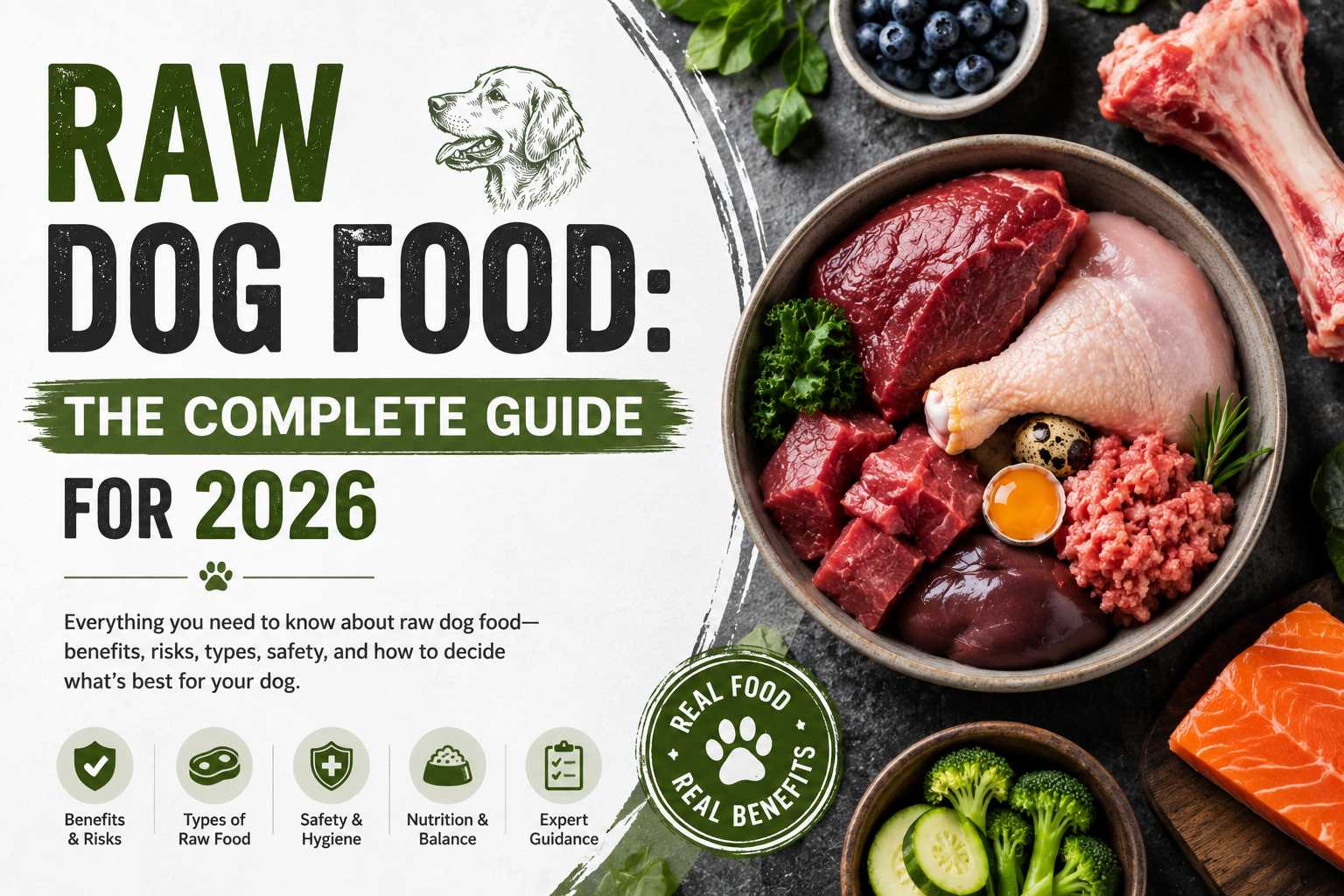 Raw Dog Food: The Complete Guide for 2026 | LifeWellGuide 2 Four formats of raw dog food side by side: frozen patties, freeze-dried nuggets, loose raw meat with vegetables, and a glass bowl with fresh ingredients