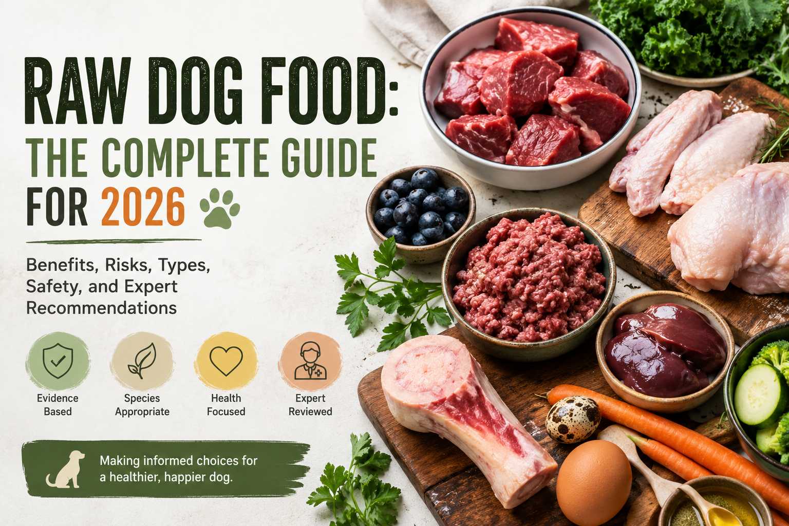 Raw Dog Food: The Complete Guide for 2026 | LifeWellGuide 4 Medium-sized mixed breed dog eating from a stainless steel bowl containing raw meat and vegetables on a clean kitchen floor