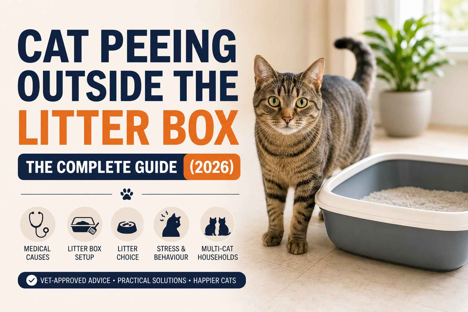 Two cats in a bright room — one using a litter box in the foreground, a second cat visible in the background near a cat tree