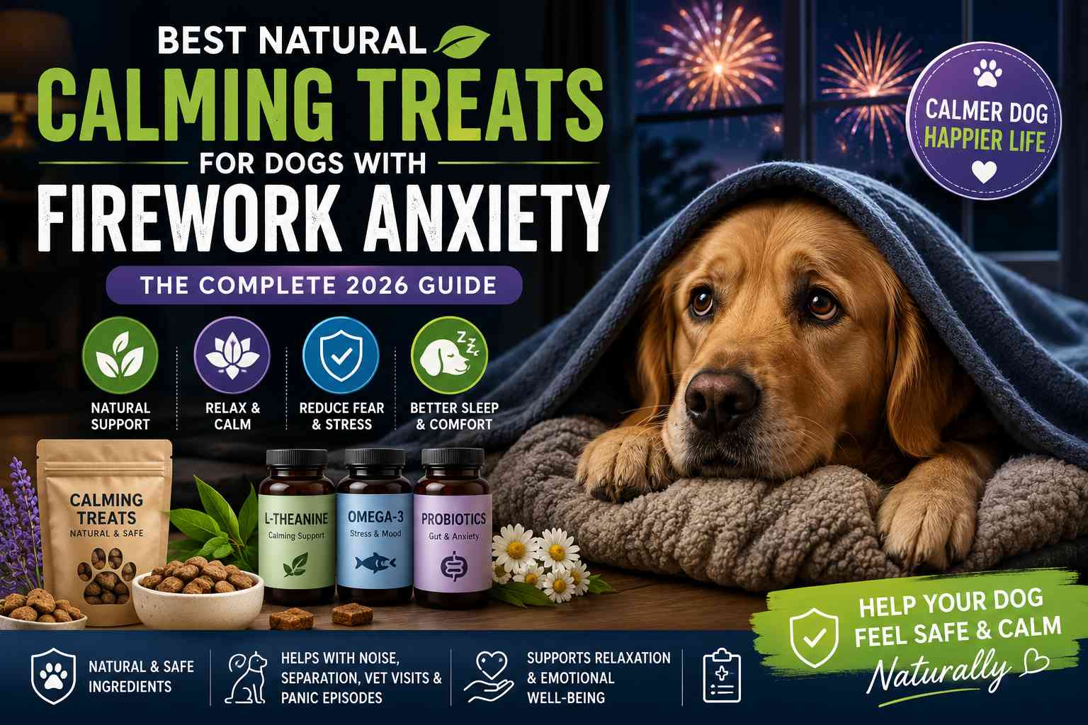 Best Natural Calming Treats for Dog Firework Anxiety 2026 3 Young golden retriever puppy squatting on green grass outdoors, owner kneeling nearby with a treat