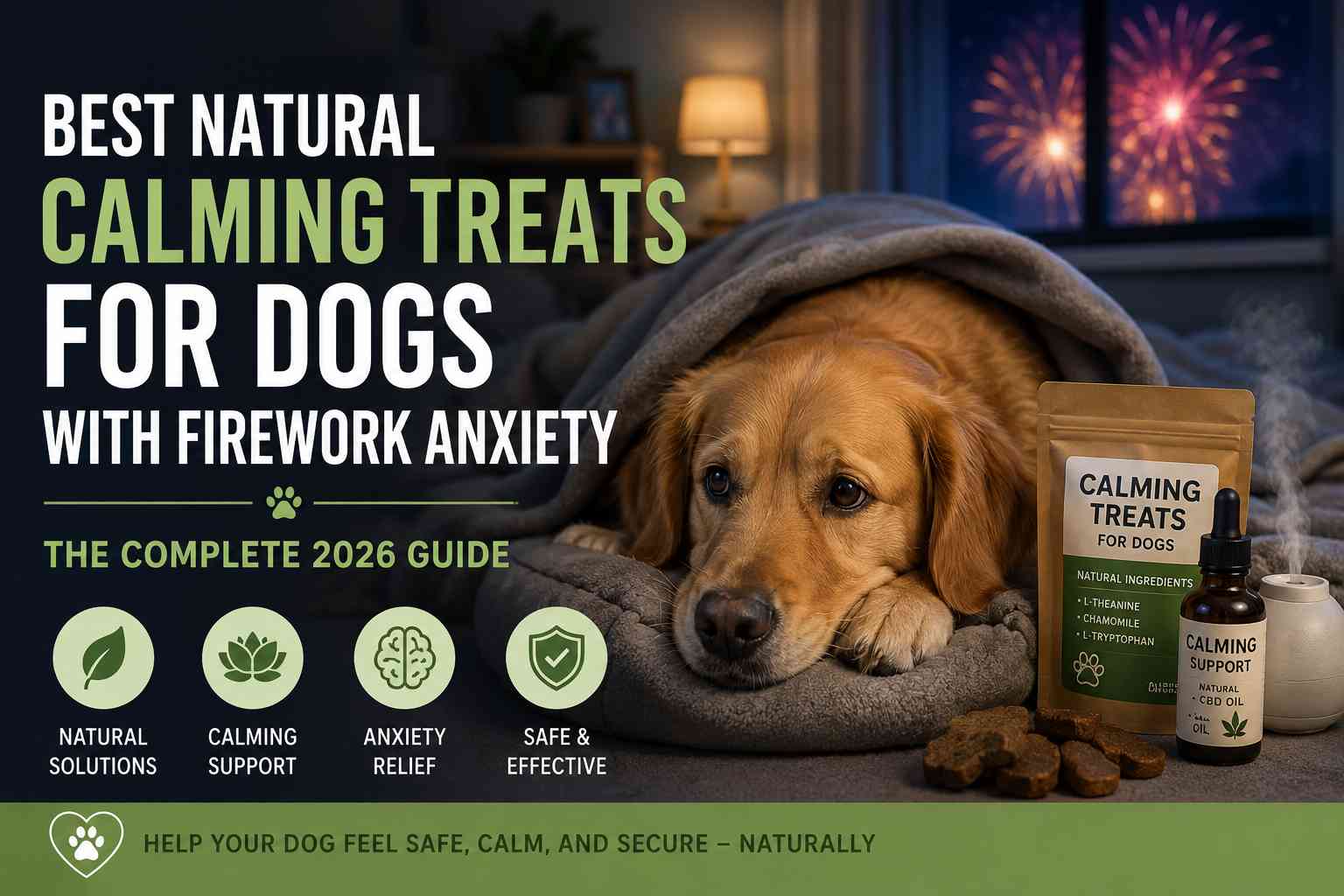 Best Natural Calming Treats for Dog Firework Anxiety 2026 2 Young golden retriever puppy squatting on green grass outdoors, owner kneeling nearby with a treat