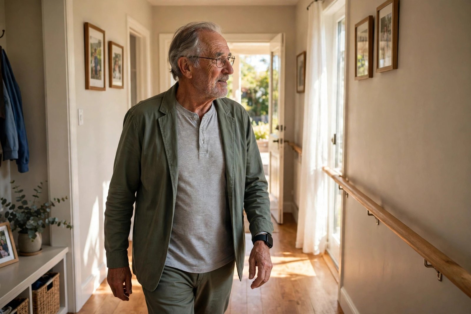 Older man wearing a smartwatch with fall detection while walking in a sunny home hallway