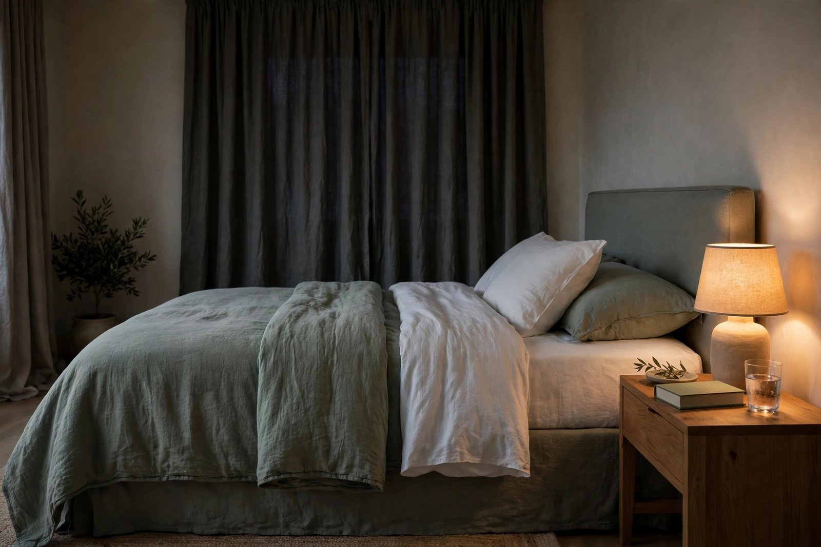 A calm, dimly lit bedroom at night with a neatly made bed and a warm bedside lamp